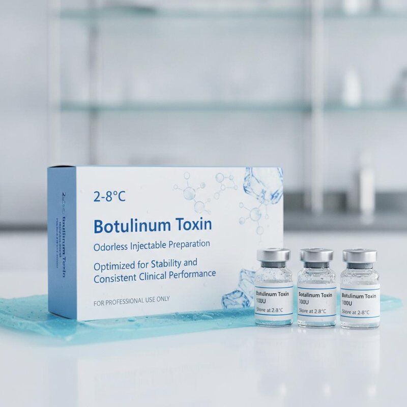 Preparación inyectable de toxina botulínica de 2-8 °C sin olor, optimizada para la estabilidad y un rendimiento clínico consistente